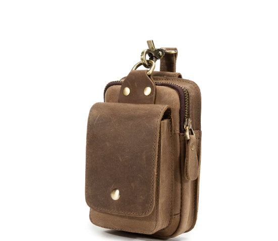 Retro Top Layer Cowhide Phone Bag, Crazy Horse Leather Men's Belt Waist Bag