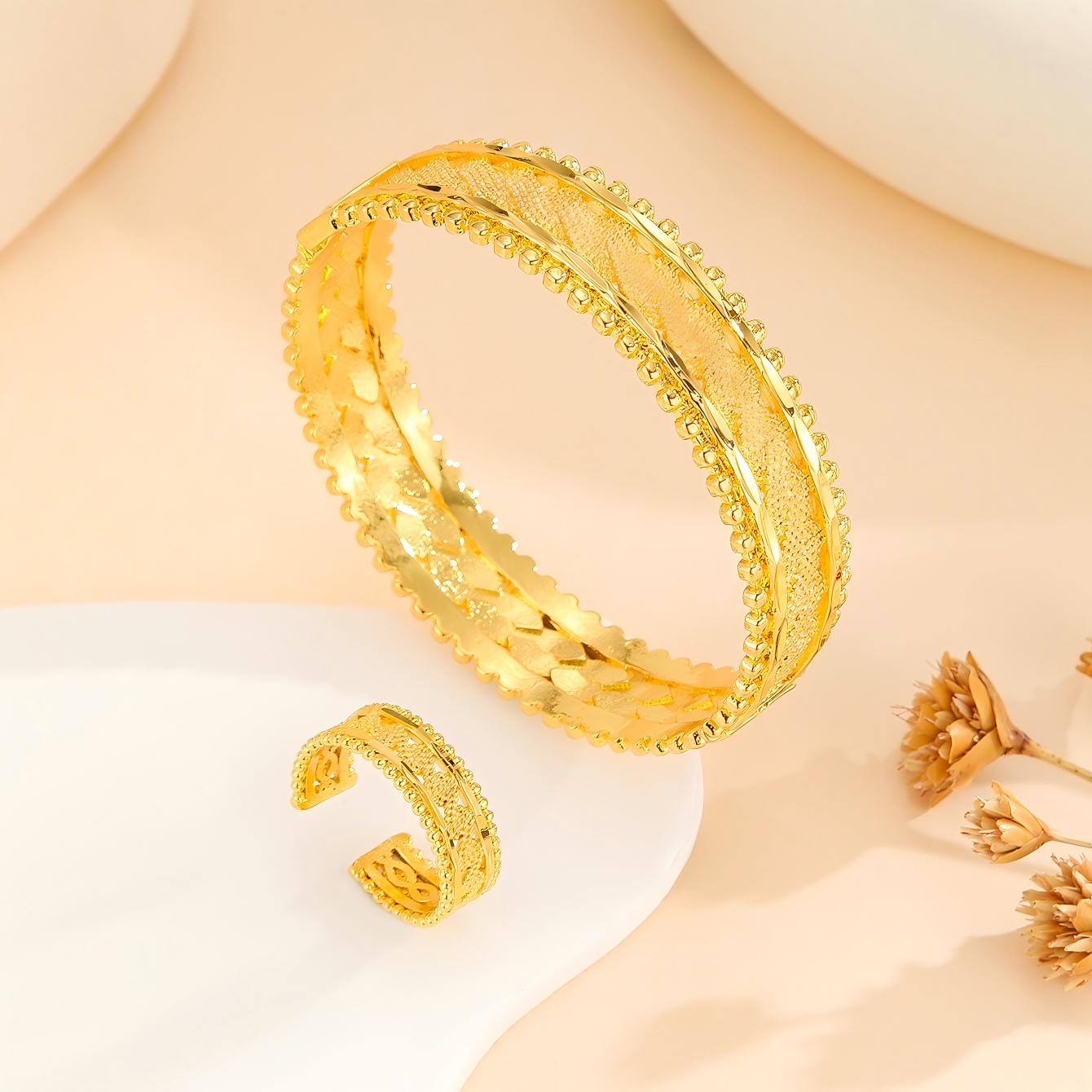 2pcs Vintage Gold Plated Bracelet, Open Bracelet Ring Jewelry, Women's Festival Wedding Jewelry Set