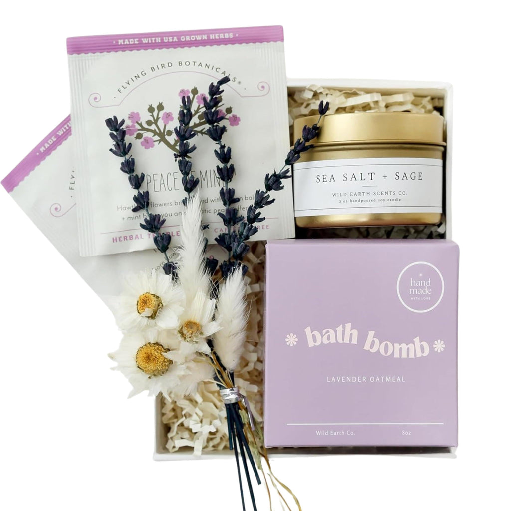 Mini Lavender Spa Gift Set Relaxation Gift Basket for Women Self Care Package with Lavender Candle Bath Bomb Soap Greeting Card & More