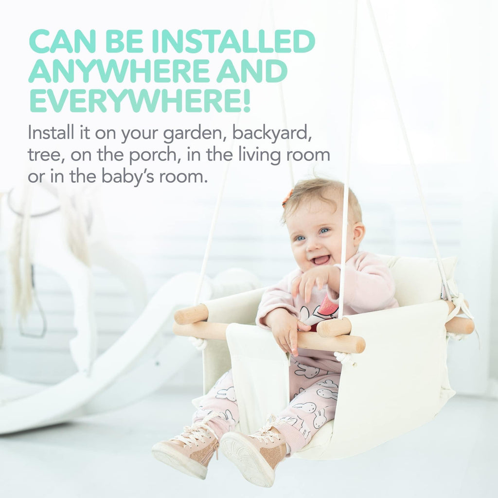 Canvas Baby Swing Wooden Hanging Swing Seat Chair with Safety Belt Durable Baby Swing Chair Outdoor and Indoor Swing for Kids Mounting Hardware Included Ivory