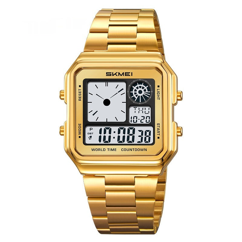 Square Steel-band Golden Waterproof Alarm Clock With A Luminous Digital Display