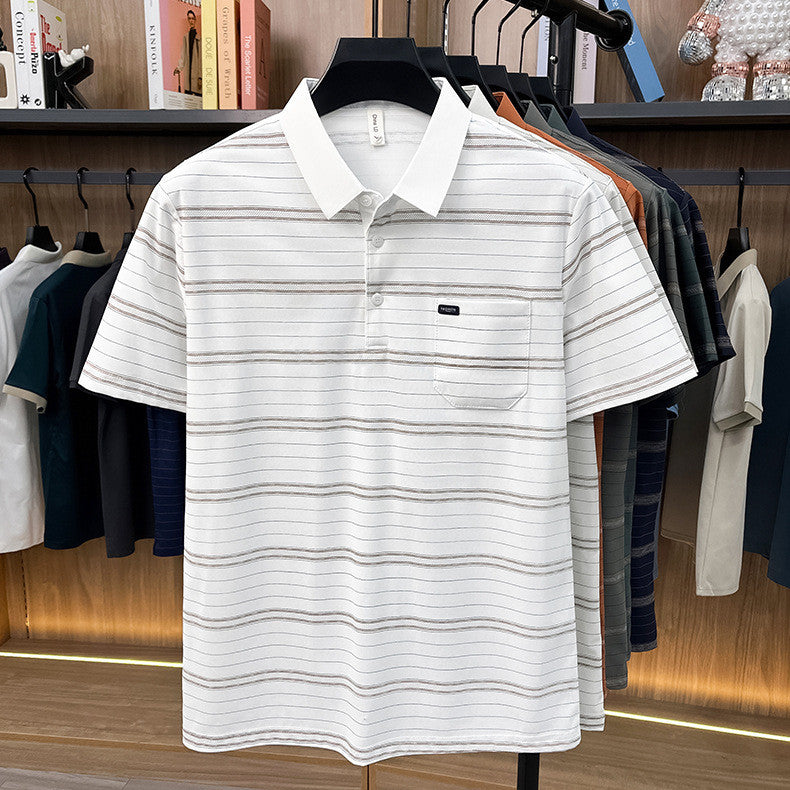 Mens Summer Striped Loose-Fit Lapel T-Shirt