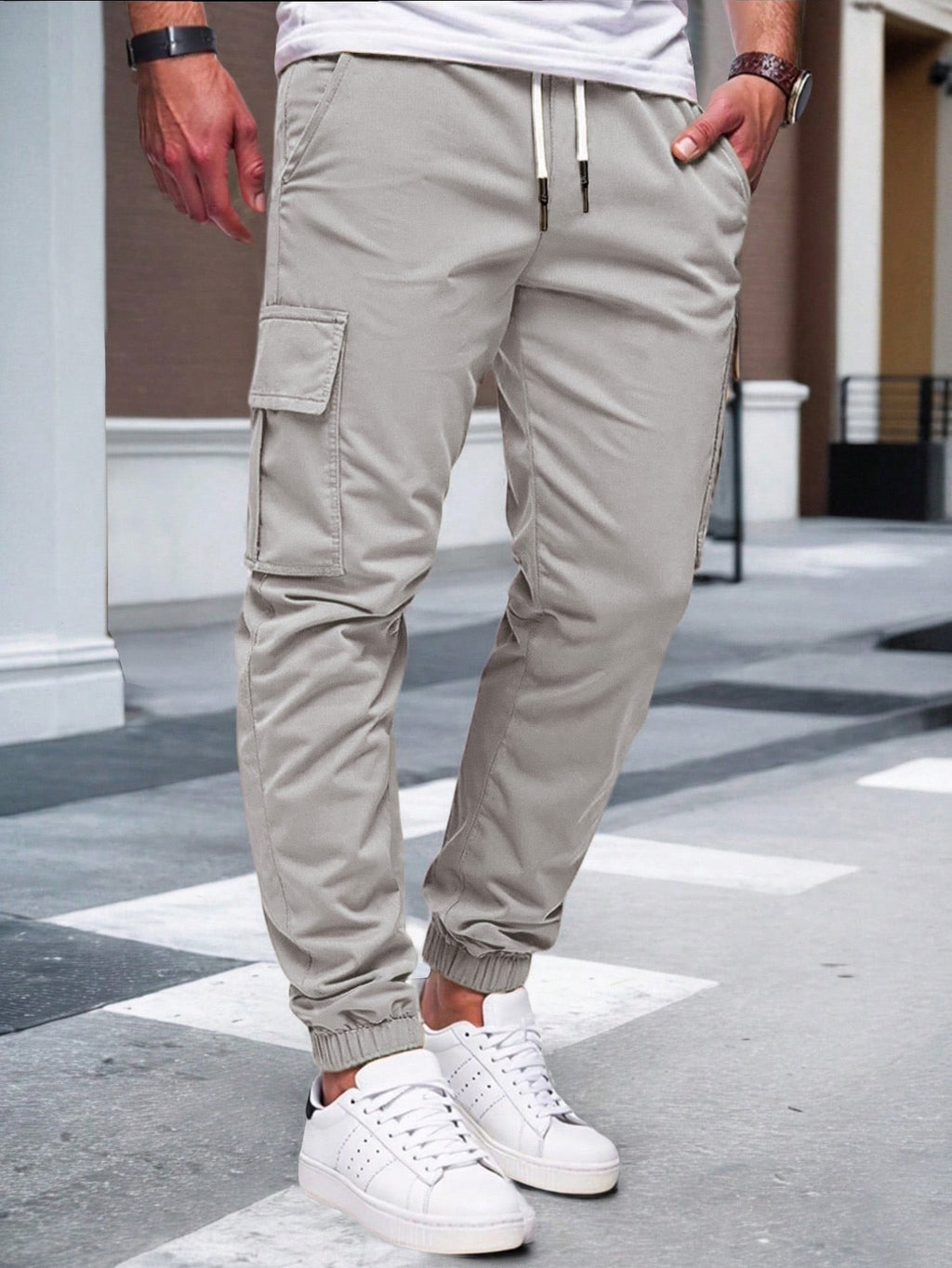 Mens Solid-color Work Pants With Drawstring Elastic Cuffs