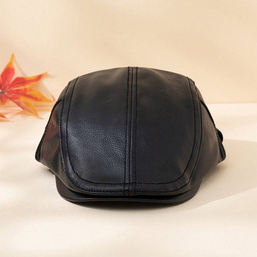 Men's Solid Color PU Leather Warm And Windproof Adjustable Retro Forward Hat Suitable For Outdoor Outings And Daily Clothing Combinations