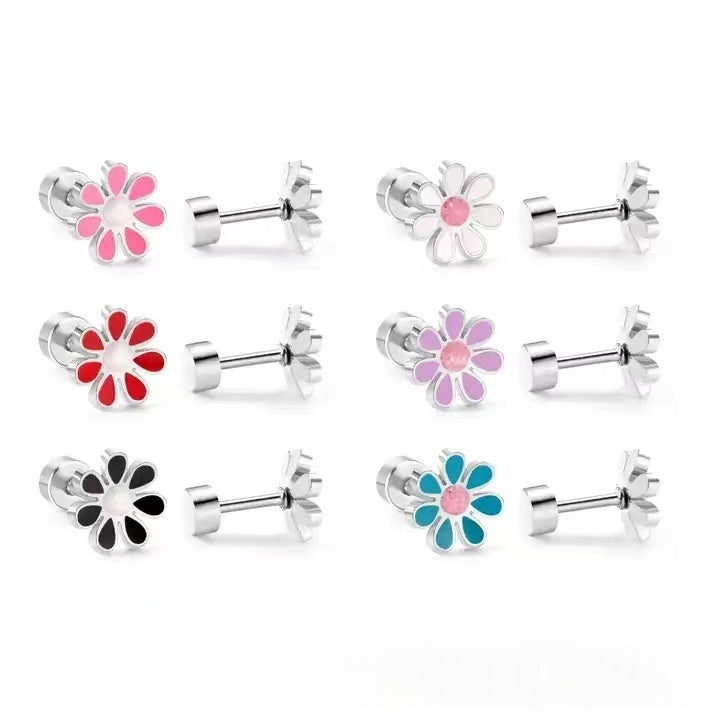 European And American-style Stainless Steel Oil-dripping Seven-petal Flower Stud Earrings