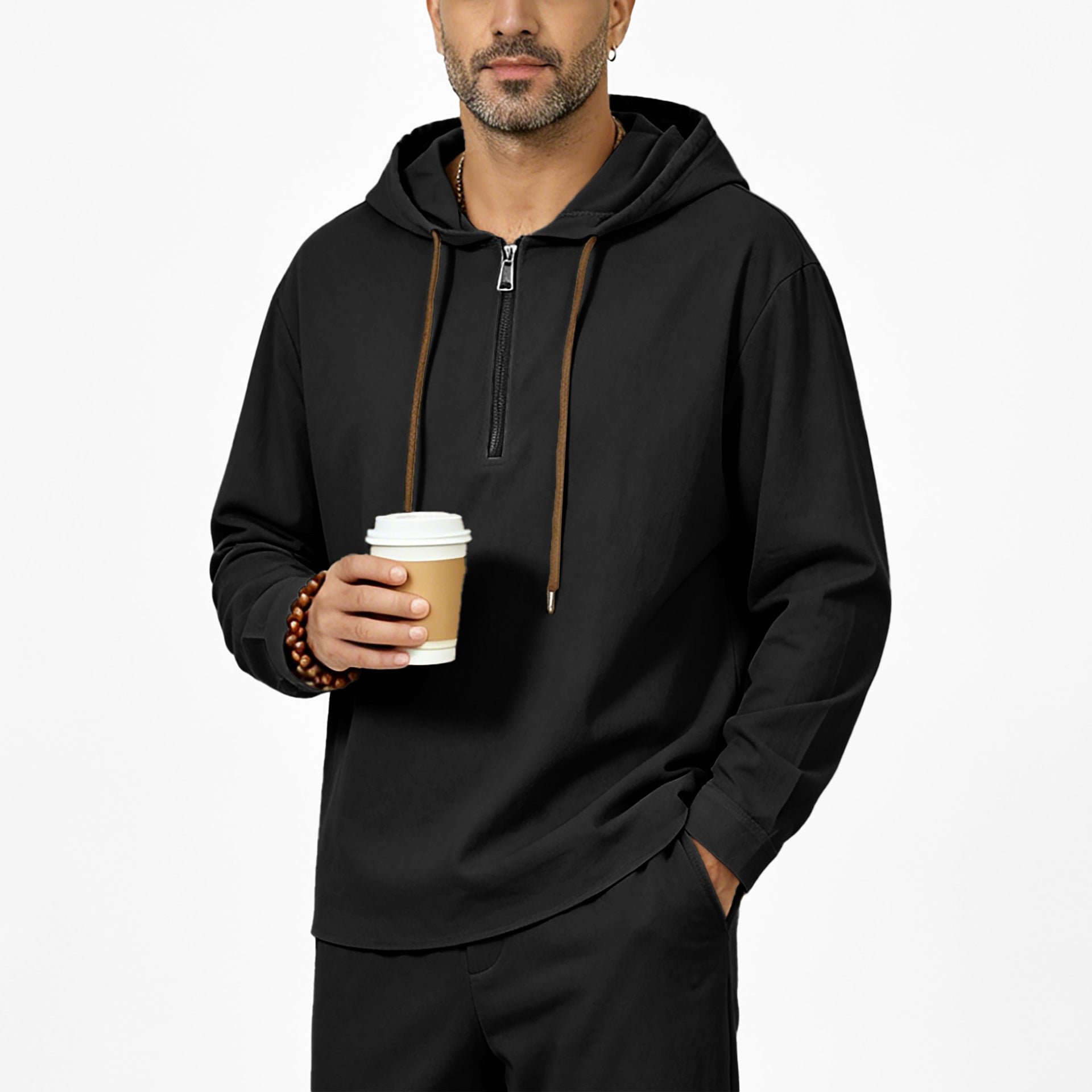 Mens Linen Hooded Half-Zip Sweatshirt