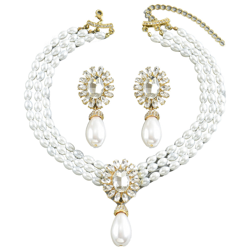 Geometric Light Luxury European American Women Jewelry Set, Niche Crystal Inlaid Multi-Layer Clavicle Chain Pearl Necklace & Matching Earrings