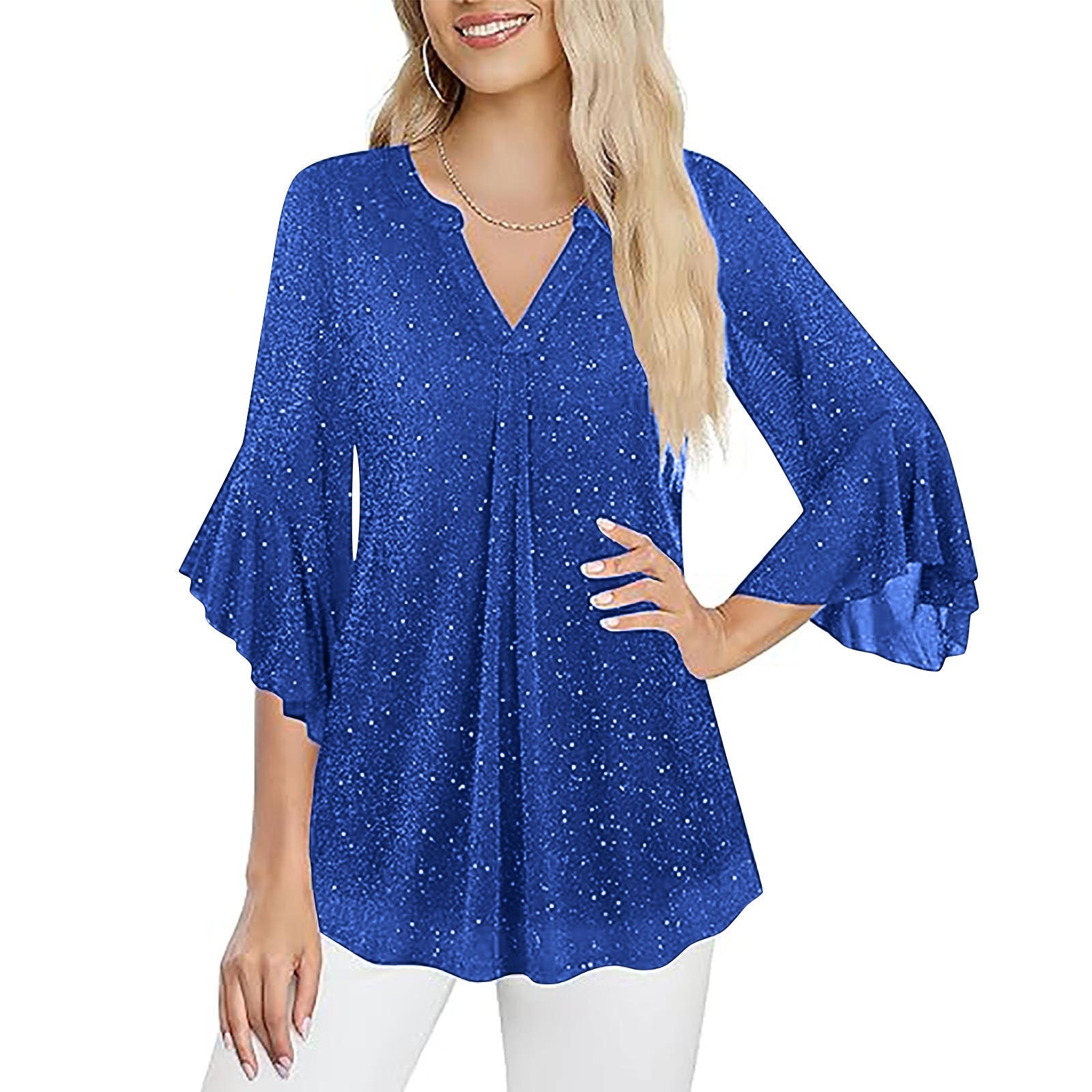 Womens Casual Silver-Thread Mesh V-Neck Petal Three-Quarter Sleeve Loose Top