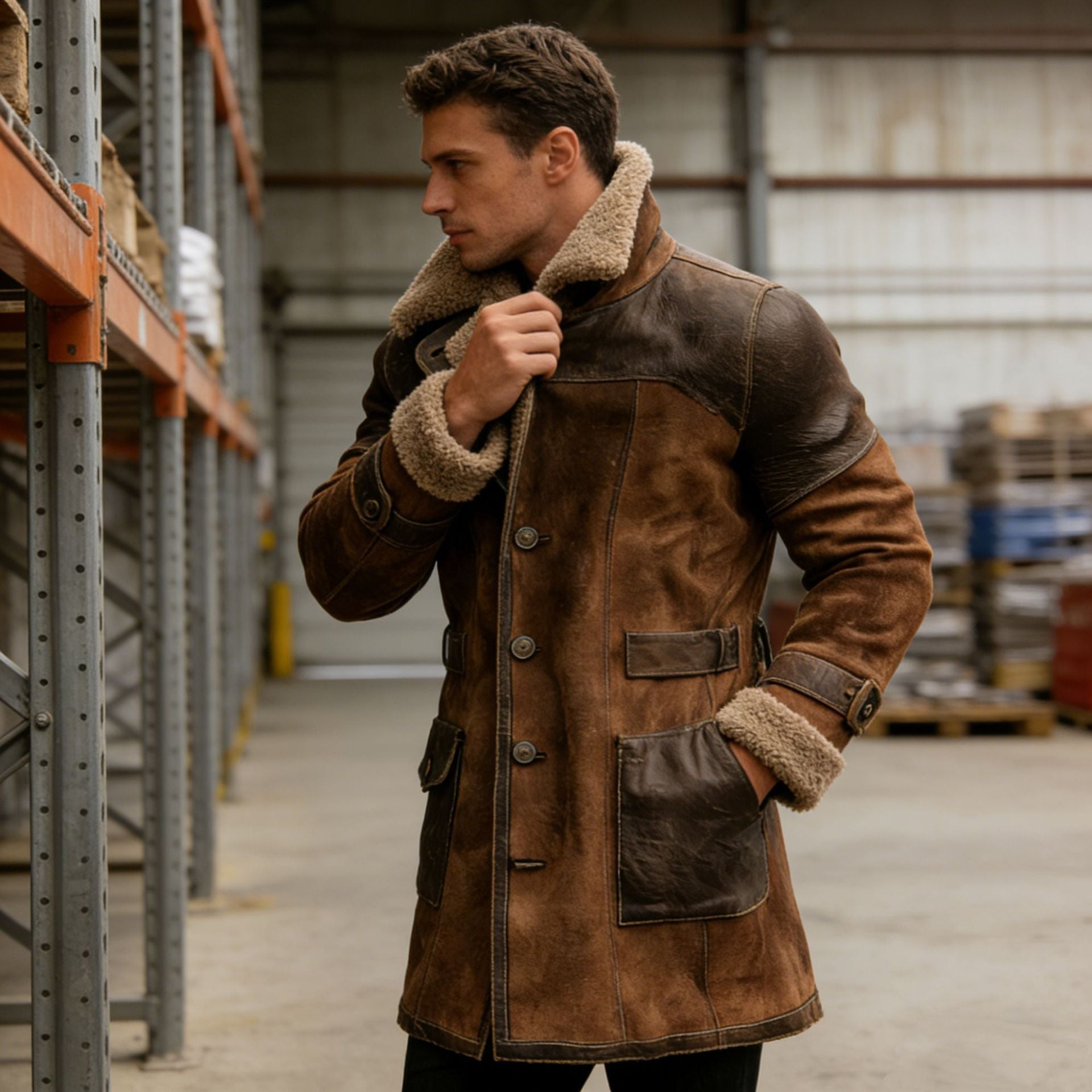 Mens Retro Patchwork Suede Coat, Long Style For Fall And Winter