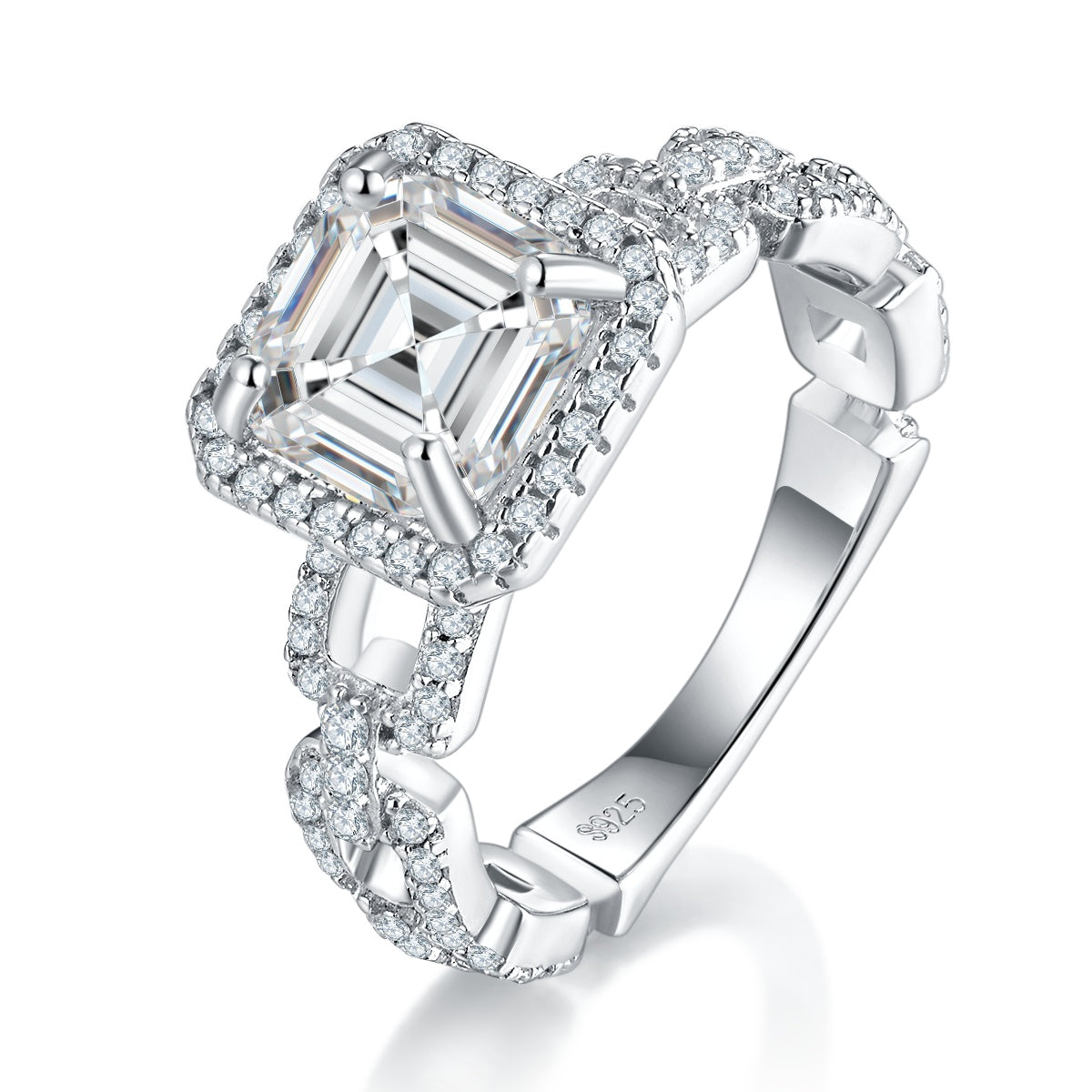 S925 Sterling Silver 2.5ct Asscher Cut Moissanite Ring, D-VVS1 Halo Chain Band, Platinum Plated US Sizes 5-9 GRA Gift Box