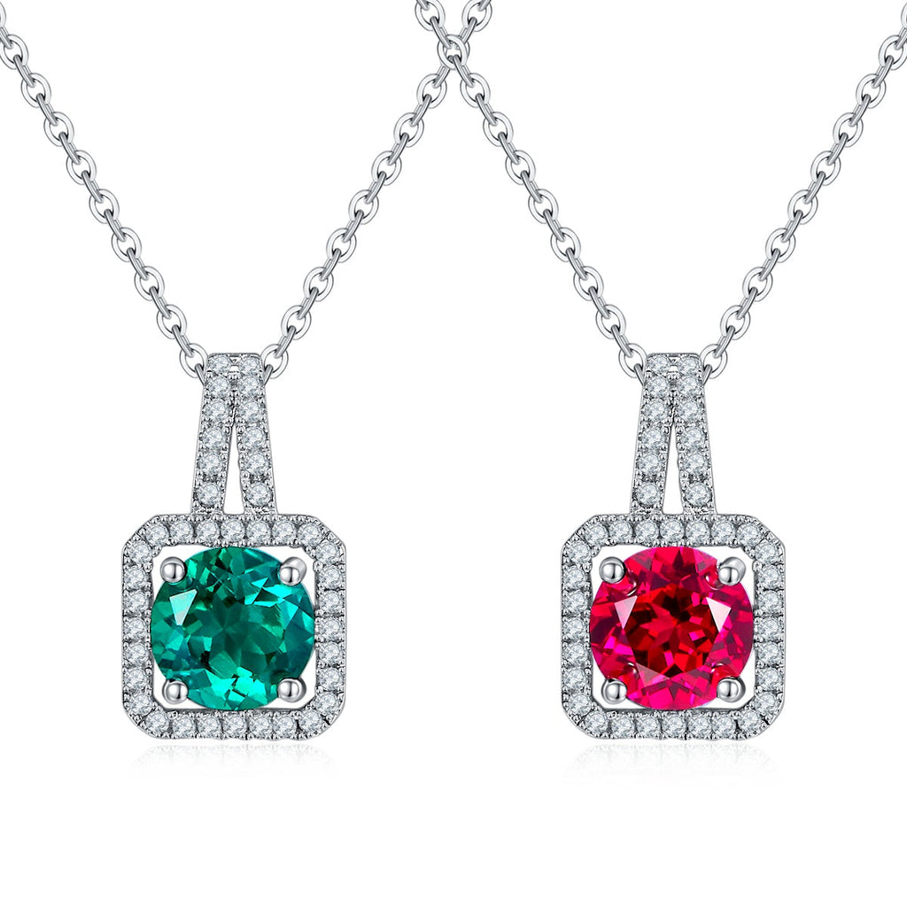 S925 Sterling Silver 2ct Lab-Grown Ruby Emerald Pendant Necklace, Platinum Plated Square Halo With Split Pave Bail, Women's Fine Jewelry Gift Box