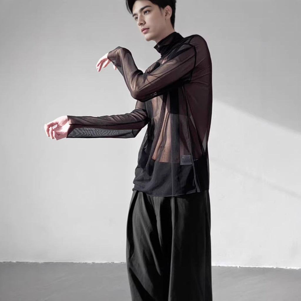 Mens Sun-Protective Hollowed-Out Long-Sleeve Mesh Top