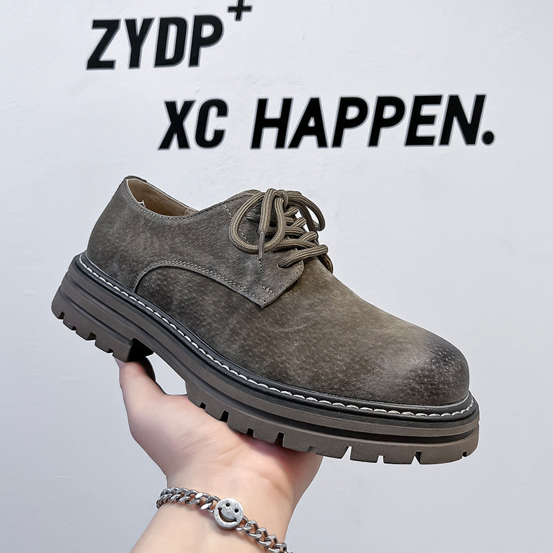 Youthful Round-toe Mens British-style Casual Pigskin Mid-heel Wide-toe Work Shoes