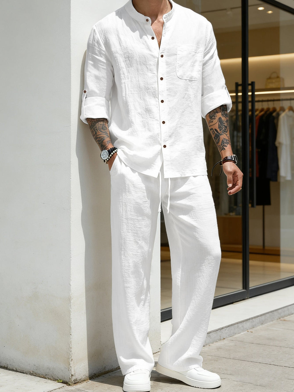 Mens Solid-Color Linen Long-Sleeve Shirt And Pants Two-Piece Set