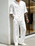 Mens Solid-Color Linen Long-Sleeve Shirt And Pants Two-Piece Set