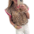 Womens Fashion Leopard-Print Ruffle-Trim Loose Chiffon Blouse