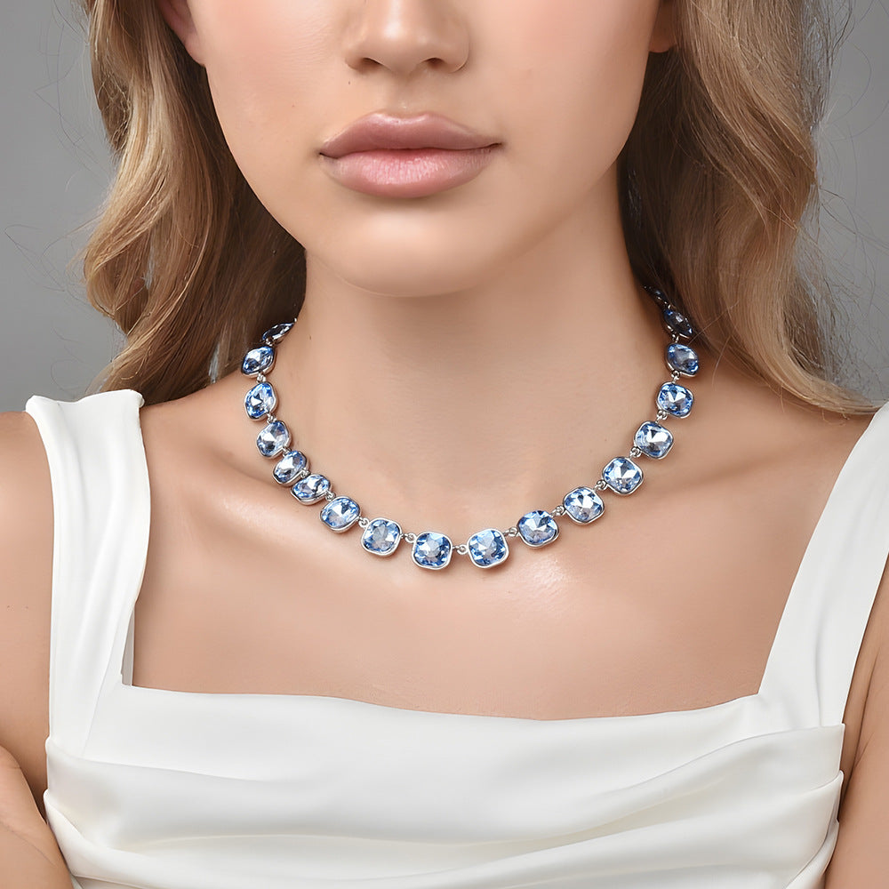 Light Blue Cushion Cut Cubic Zirconia Choker Necklace For Women, Silver Full Inlay Elegant Wedding Party Collarbone Chain Fashion Jewelry