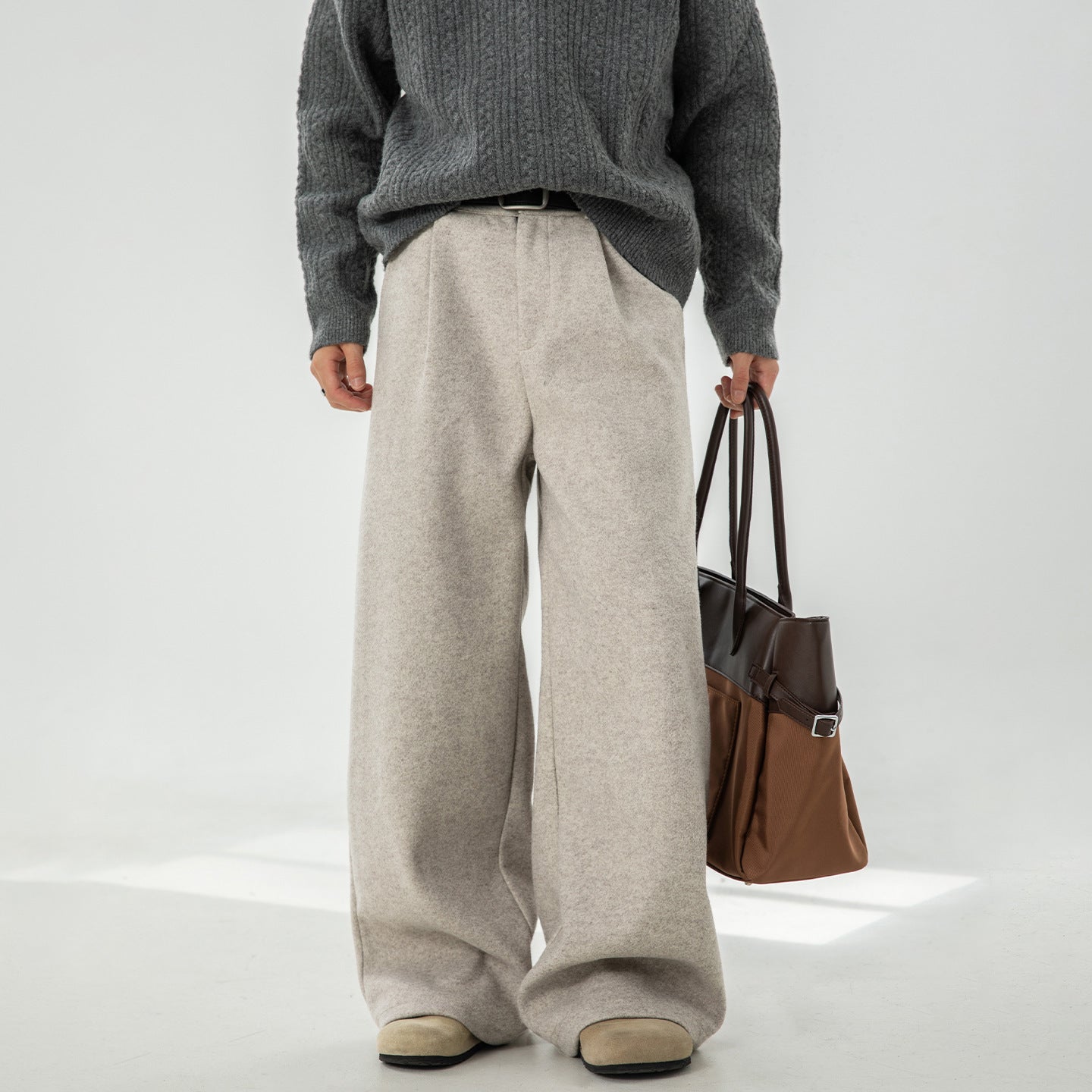 Wool Straight-leg Loose Pleated Casual Pants Thickened Long Trousers For Men