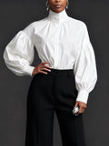 Stylish And Elegant Womens Pleated High-neck Blouse With Puffed Sleeves