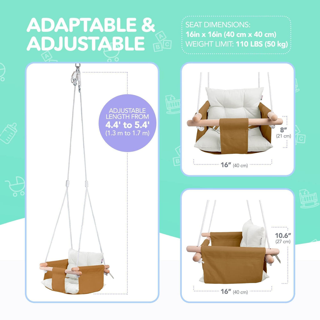 Ocher Canvas Baby Swing Chair Wooden Hanging Seat with Safety Belt Durable and Comfortable for Kids Indoor and Outdoor Use Mounting Hardware Included Ocher