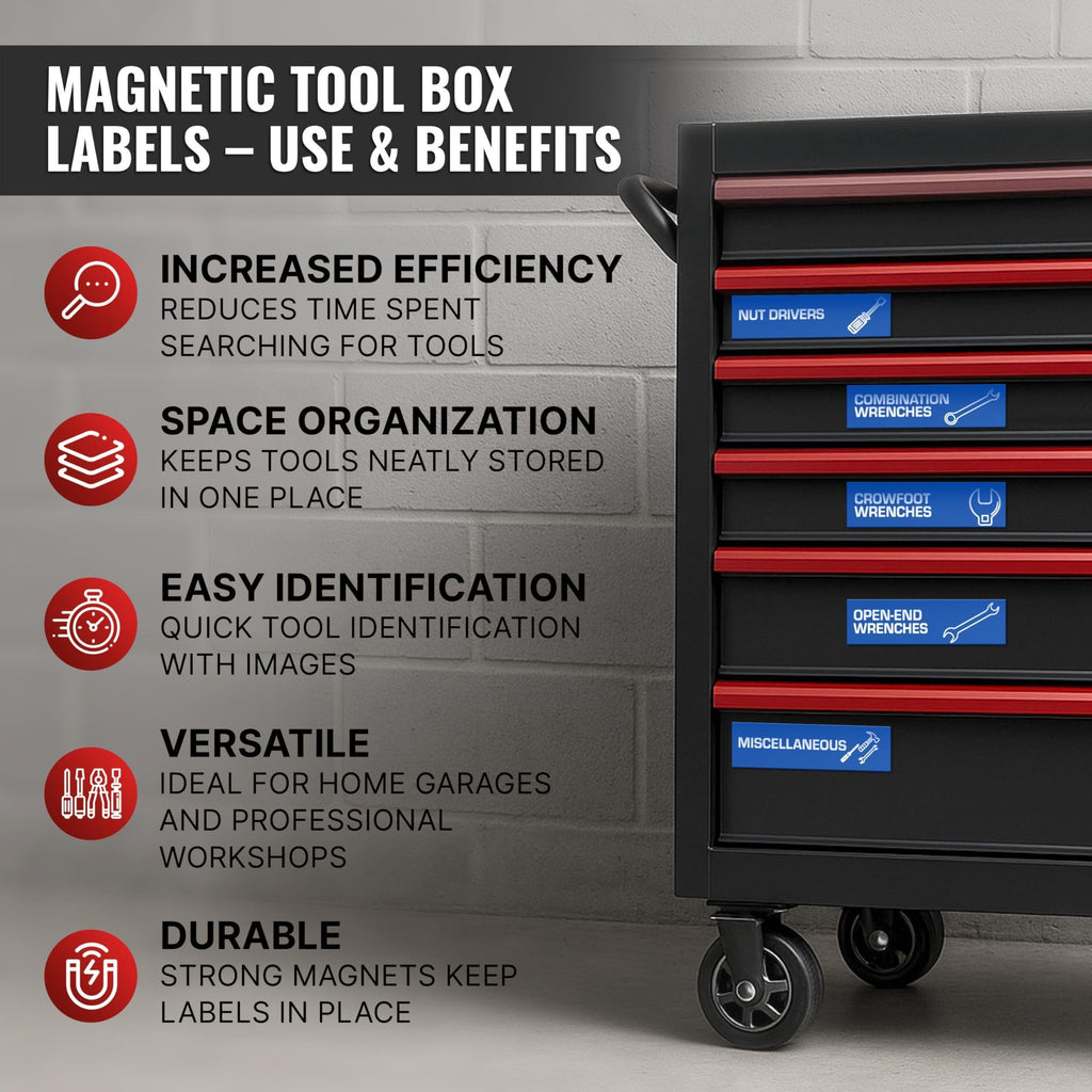 90 Pcs Magnetic Tool Box Labels 3.5x1 inch Blue Magnetic Toolbox Labels for Tool Box Drawers Strong Magnet Toolbox Organizer Chest Pre Printed & Blanked Emblems for Organization Toolbox Emblems