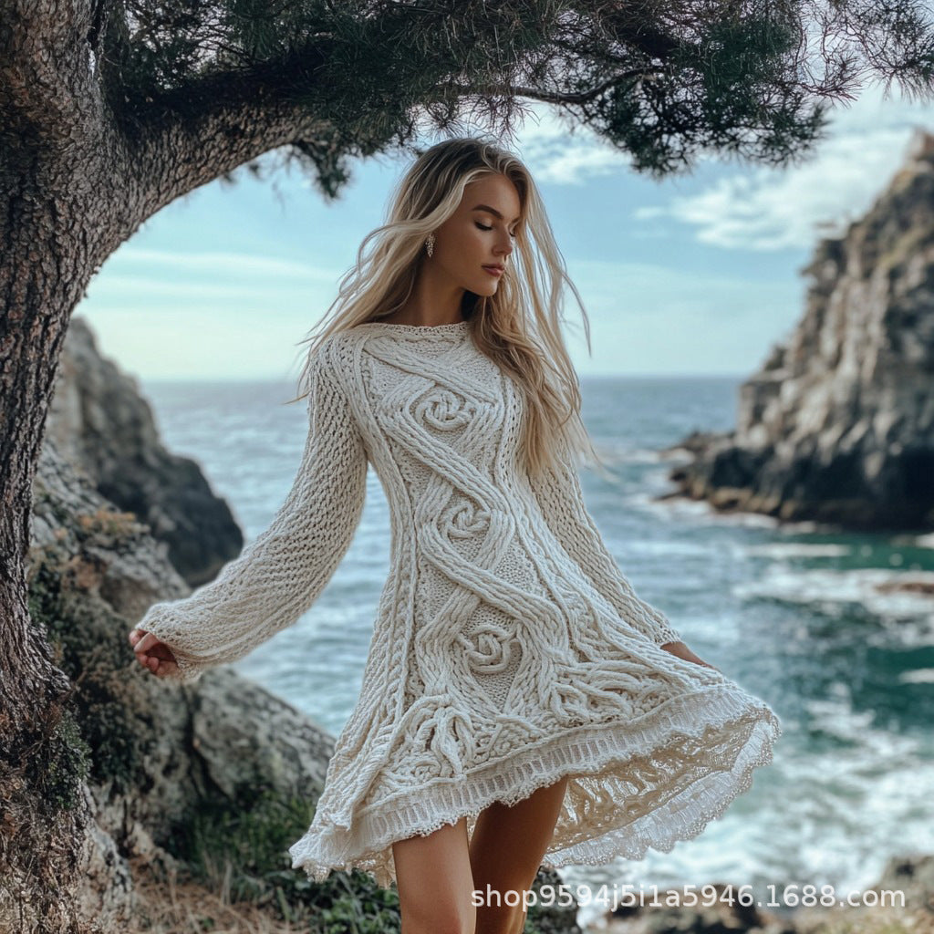 Womens Retro Cable-Knit Long-Sleeve Sweater Dress