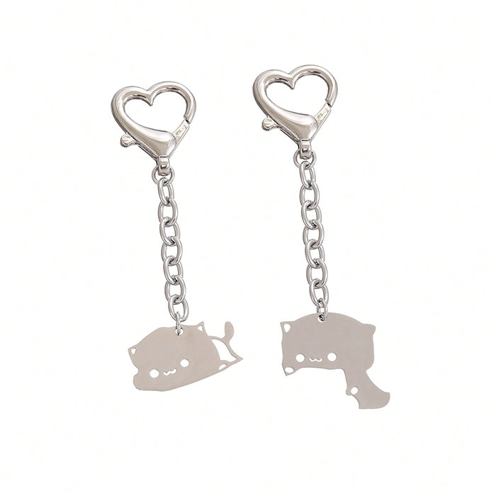 2Pcs Cute Dudu Bubu Hug Cat Couple Keychain Set, Stainless Steel Double Cat Charms, Round Key Ring & Heart Lobster Clasp, Sweet Matching Pair Gift For Lovers