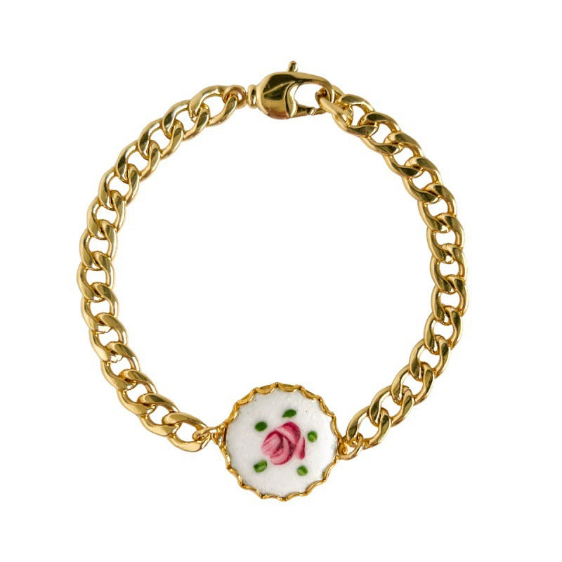 French Retro Oil-Painting-Style Floral Pendant Bracelet