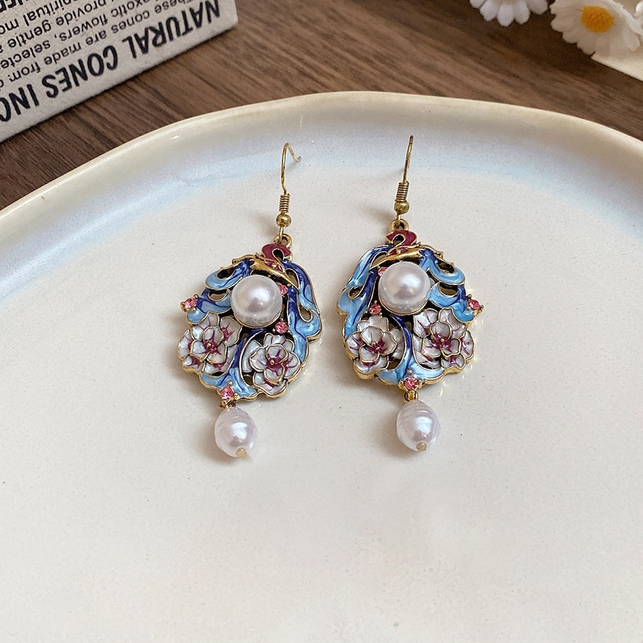 Ethnic-style Diamond-encrusted Oil-drop Flower Pearl Pendant