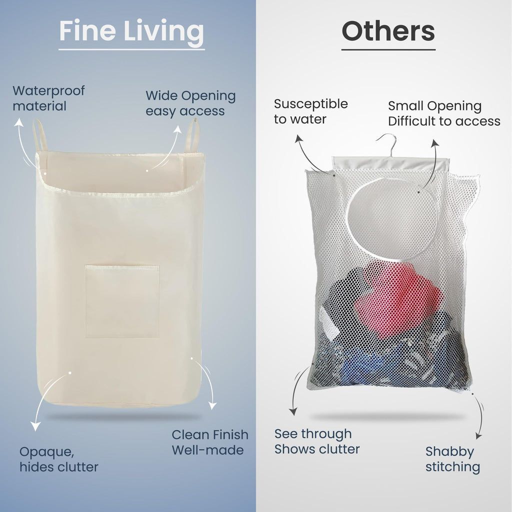 The Fine Living Co. Hanging Laundry Hamper with Over Door Hooks & Adhesive Durable Space Saving Laundry Bag with Zipper and Wide Open Top Hanging Dorm Laundry Hamper 18 x4.75 x28 (Beige L)
