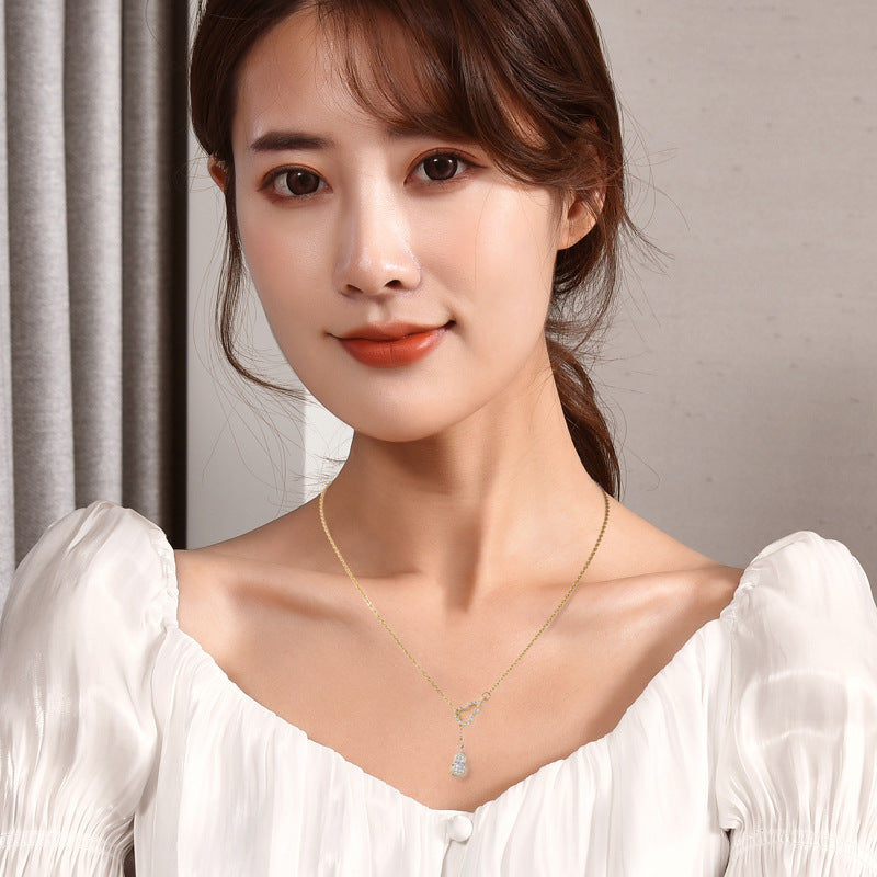 Dainty Lucky Gourd Zircon Pull Adjustable Necklace For Women, Y-Shape Tassel Collarbone Chain, Elegant Oriental Long Sweater Chain Fashion Jewelry