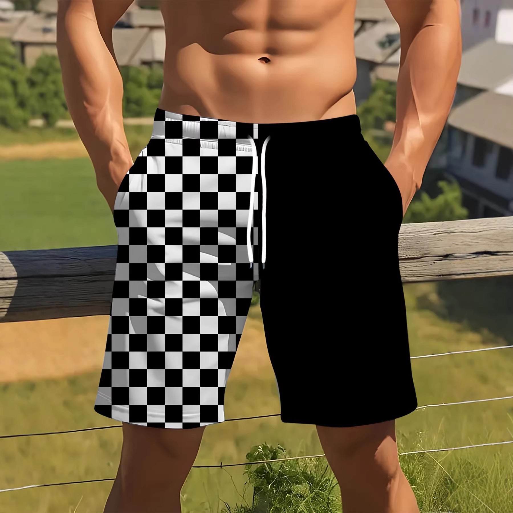 Checkered Two-tone Print Loose And Breathable Summer Shorts