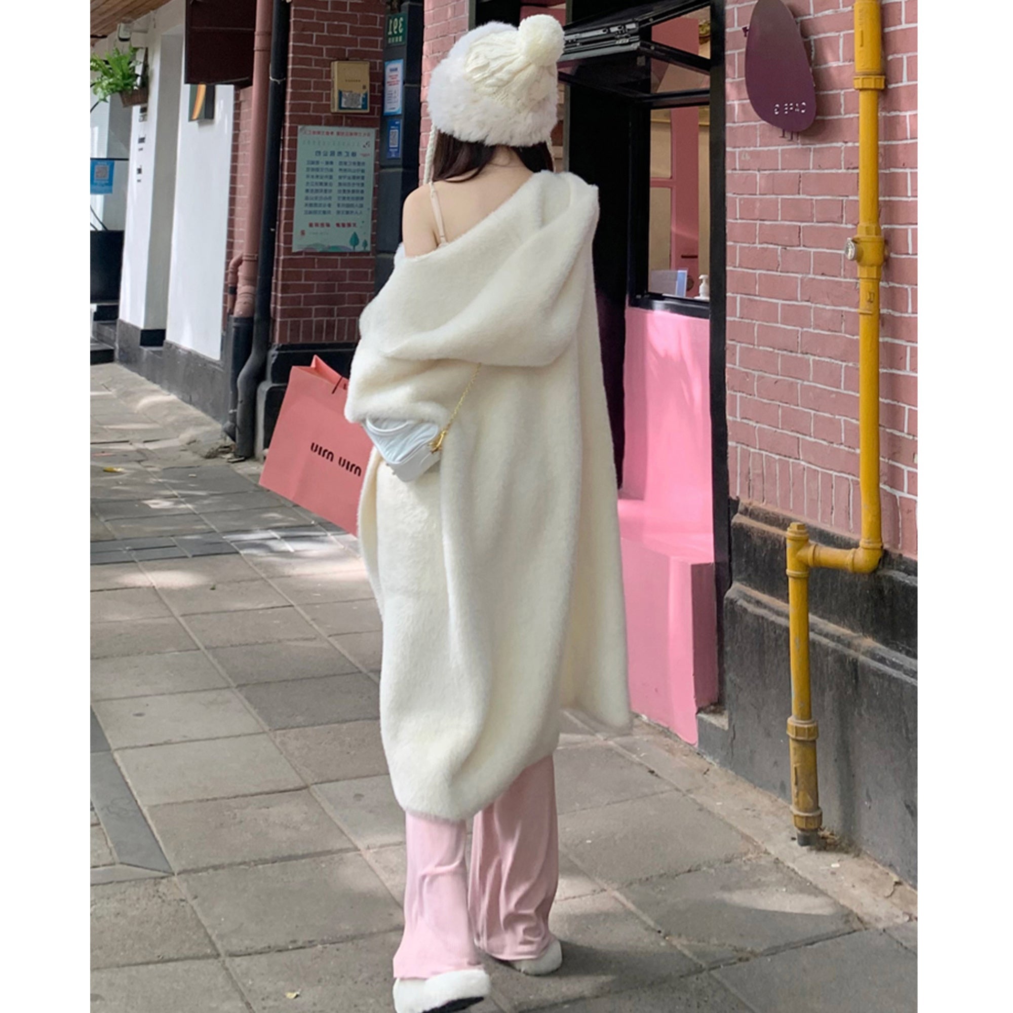 Women's Hooded Fur Cardigan, Thick Knit Handmade Spring Coat