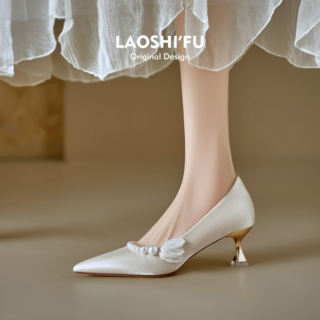 Women Soft Leather French Pointed Toe Pearl Thin Heel Pumps, 2026 New Comfortable High Heels, Shallow Mouth Party Dress Shoes