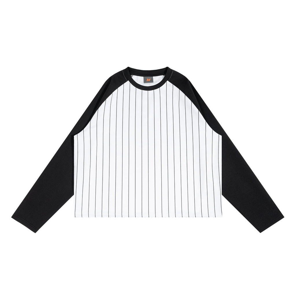 Mens Short Raglan-Style Baseball Long-Sleeve Striped Casual T-Shirt