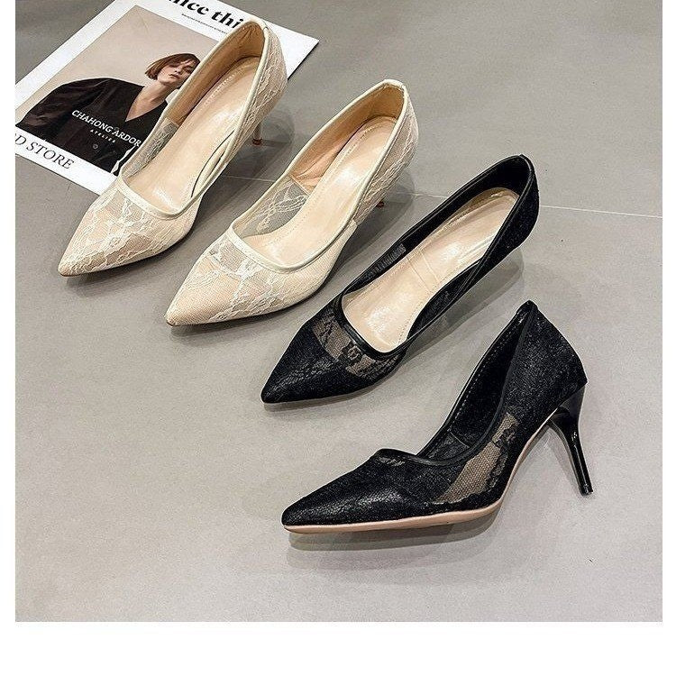 Sexy Slimming Mesh Lace Pointed Toe Stiletto Pumps For Women