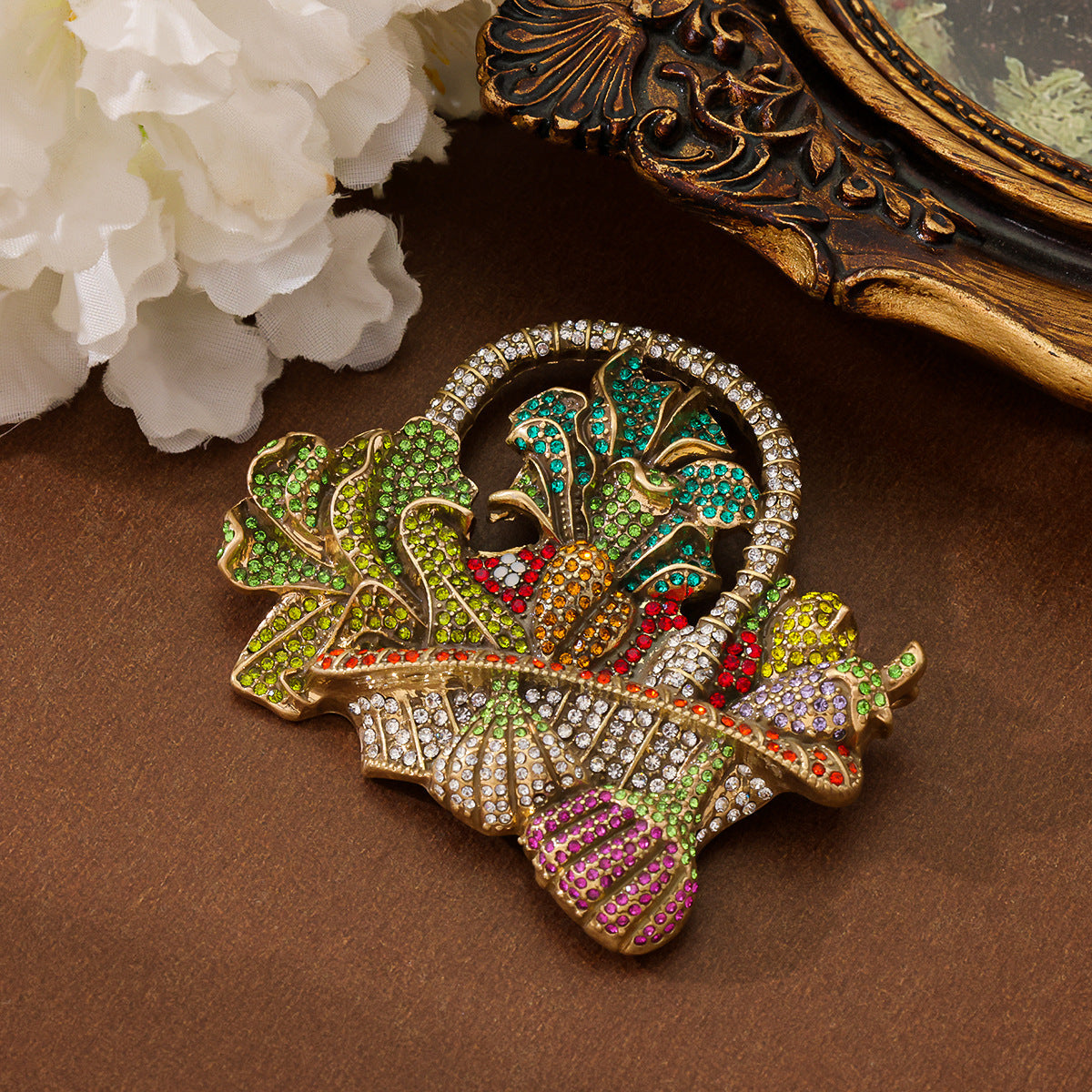 Heavy-industry Rhinestone Fruit Basket Brooch Vintage Distressed Style