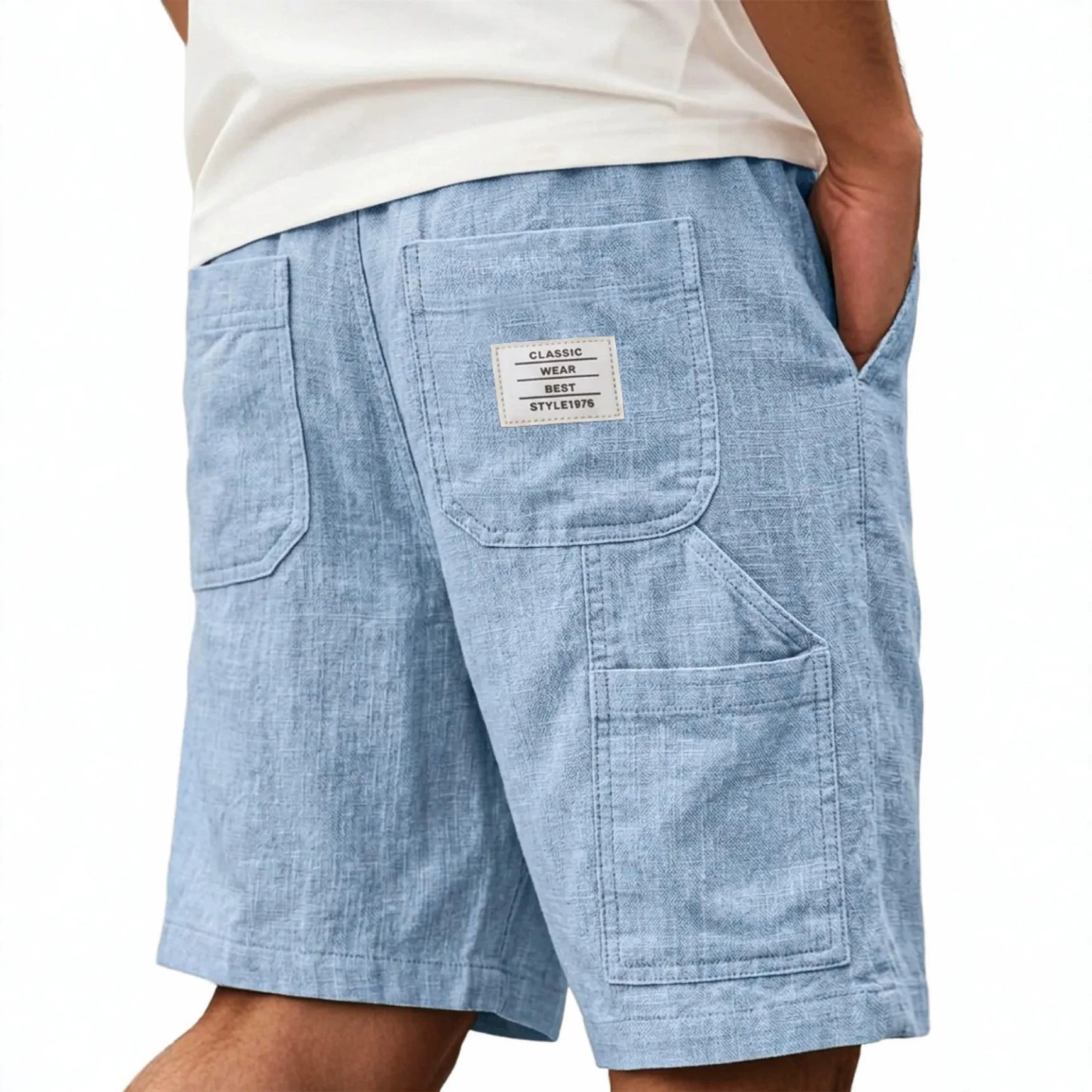 Mens Solid-Color Bamboo-Texture Linen Multi-Pocket Shorts