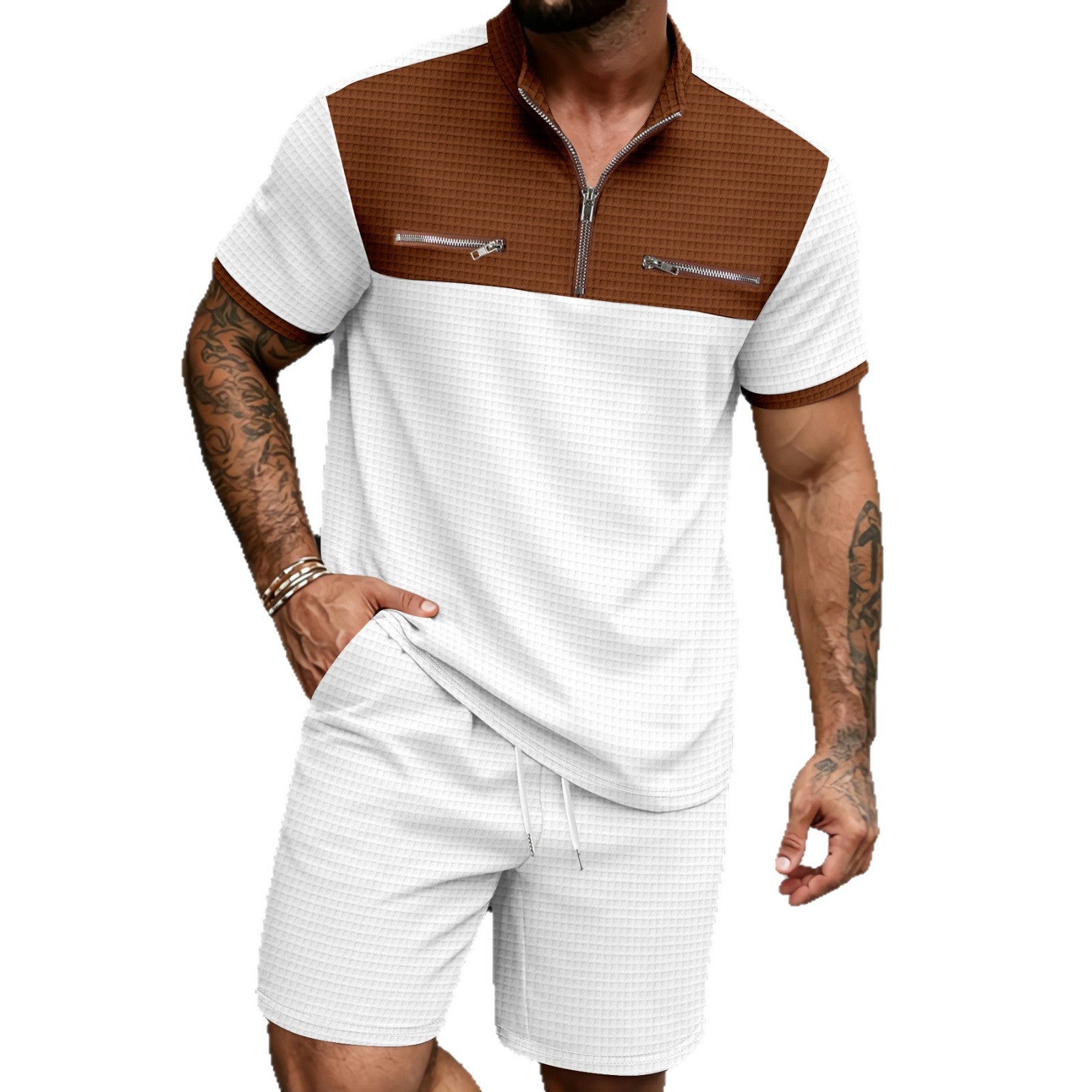Mens Half-Zip Stand-Neck Short-Sleeve T-Shirt And Shorts Set