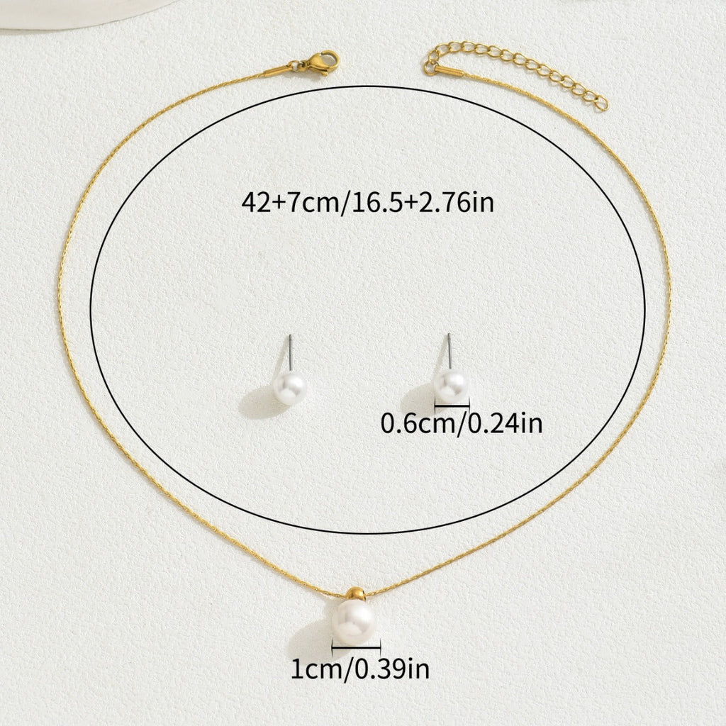 Minimalist Japanese Korean Style Geometric Pearl Jewelry Set, Niche Inlaid Craft Design Necklace & Sweet Versatile Earrings For Women