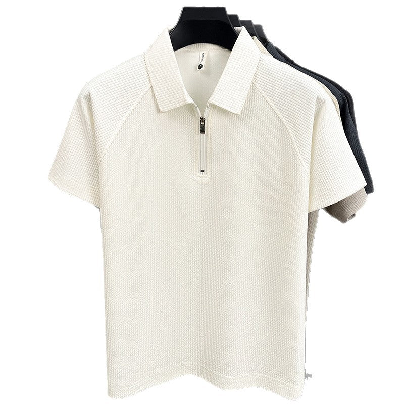 Mens Short-Sleeve T-Shirt With Turn-Down Collar And Striped Design