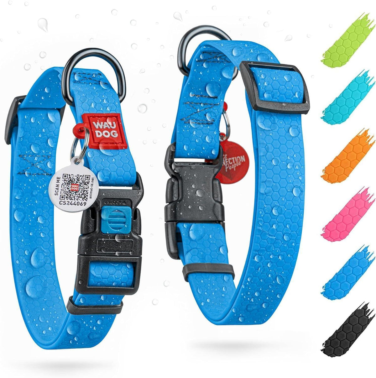 Waterproof Dog Collar Adjustable 17–28 in Neck x 1 3/5 in Wide Buckle & QR Tag Blue