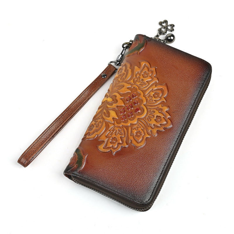 Genuine Leather Long Wallet Fashionable Zipper Clutch Bag Printed Hand-Painted Handbag