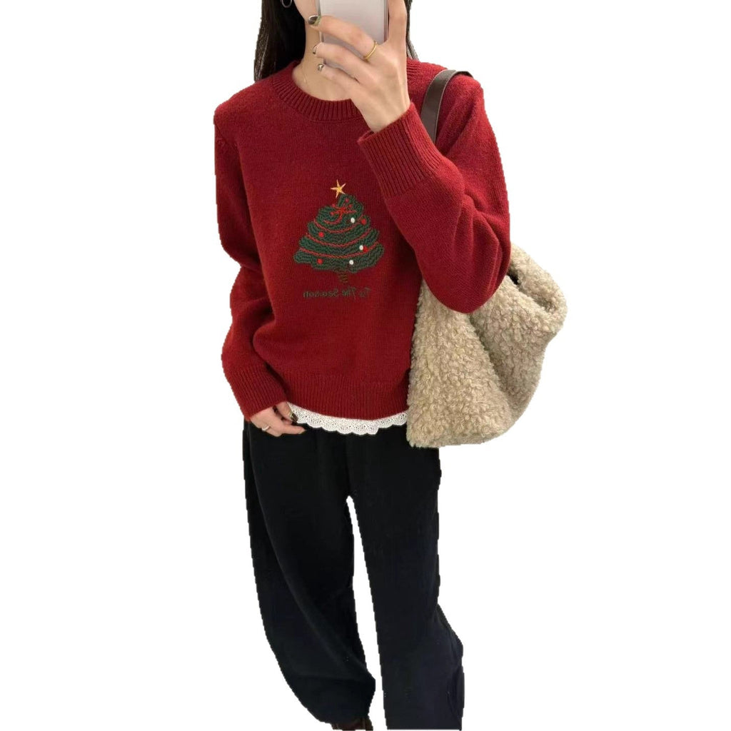 Womens Christmas Tree-Print Thermal Lace-Patchwork Sweater Preppy-Style Pullover Sweater