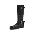 Womens Chunky Low-heeled Leather Round-toe Knee-high Boots