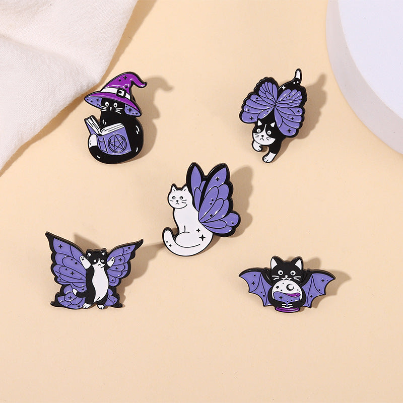 Purple Cat With Butterfly Wings Alloy Brooch Cute Accessory For Clothes And Bags