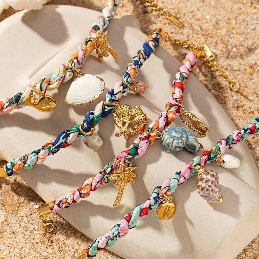 Colored Fabric Fan-shaped Seashell Electroplated 18k Gold Necklace And Bracelet