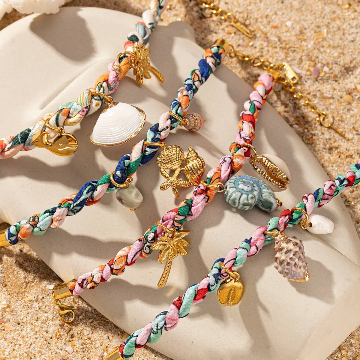 Colored Fabric Fan-shaped Seashell Electroplated 18k Gold Necklace And Bracelet