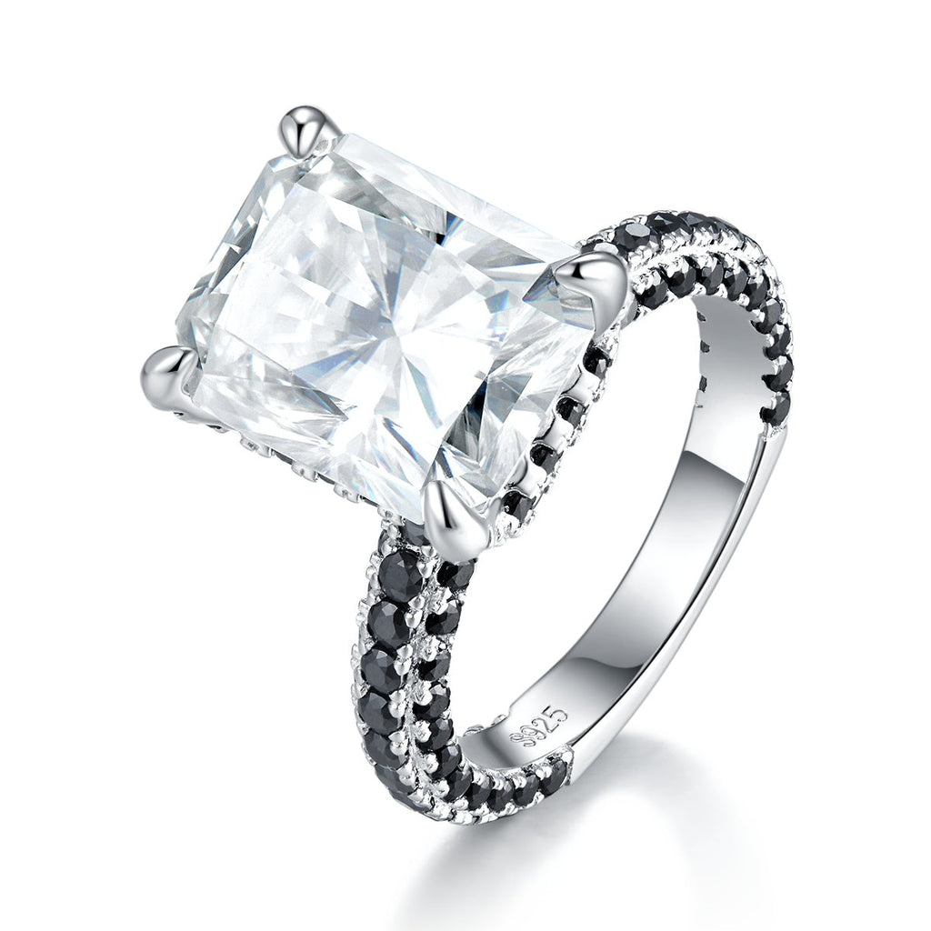 S925 Sterling Silver 8ct Moissanite Ring, 10x12mm D-VVS1 Contrast Black Pave Band, Platinum Plated US Sizes 5-9 GRA Gift Box