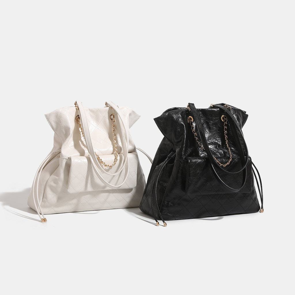 Preppy-style Oil-waxed Leather Quilted Chain Backpack For Women